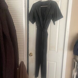 Black jumpsuit faux leather top spandex straight pant